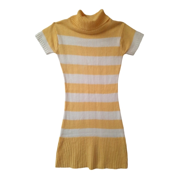 Knit sweater midi dress tunic neck short sleeve bodycon yellow white stripe - Picture 1 of 5